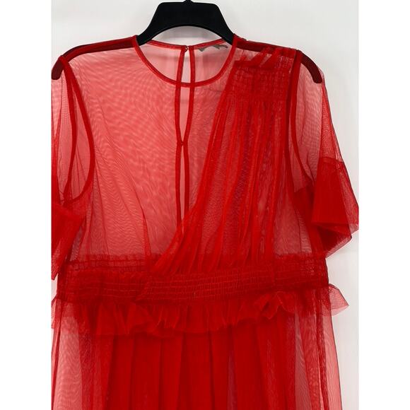 ASOS Women's Red Mesh Tulle Riffle Crewneck Short Sleeve Midi Dress SZ 8 - Picture 3 of 9